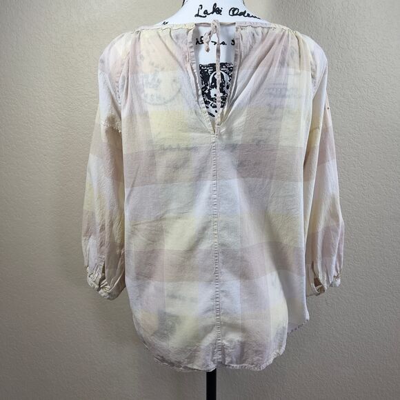Everlane Blouse Womens Beige Tan Plaid Peasant Relax Balloon Sleeve Top size 00 - Picture 16 of 16